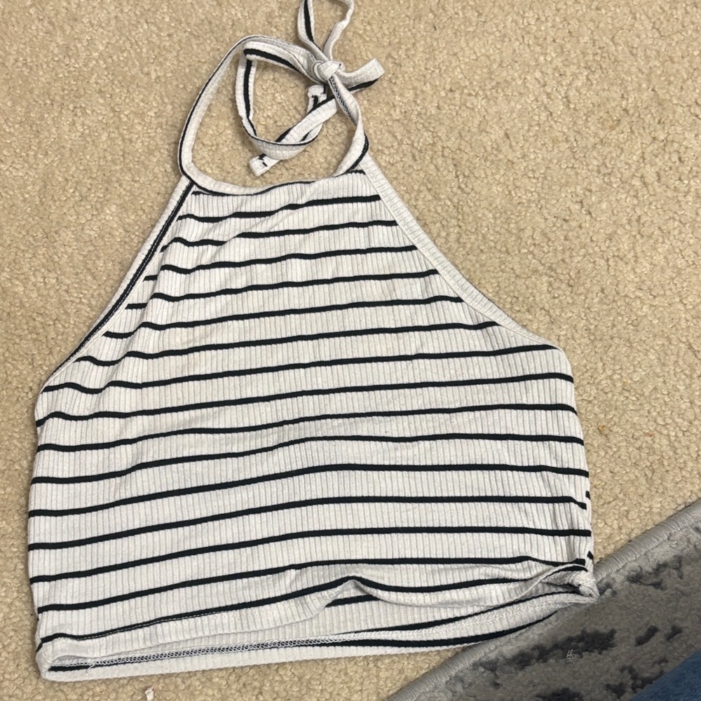 Forever 21 White and Black Striped Halter Crop Top